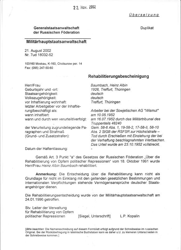Baumbach: Rehabilitierung übersetzt
